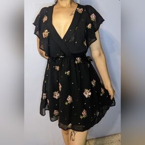 Deep V floral cross-stitch mini dress